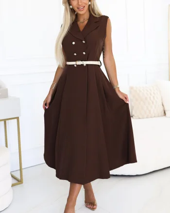 Rochie midi tip camasa maro ciocolata evazata Anemona