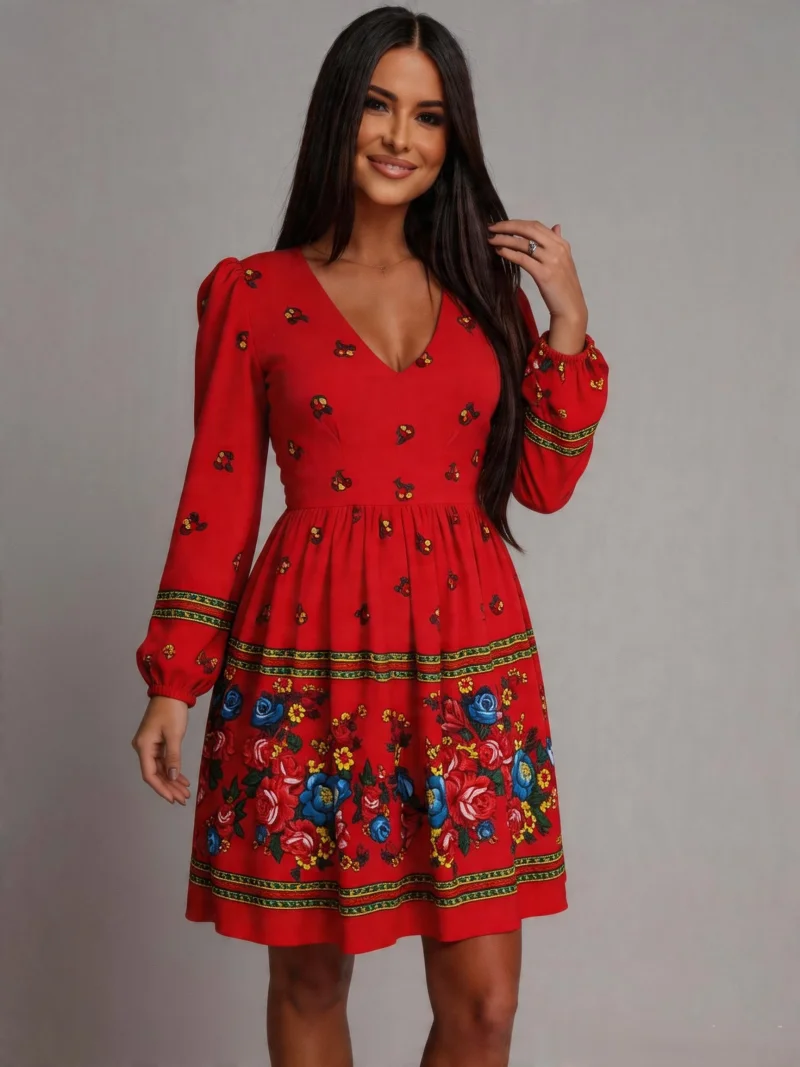 Rochie midi traditionala rosie cu print gipsy Rose