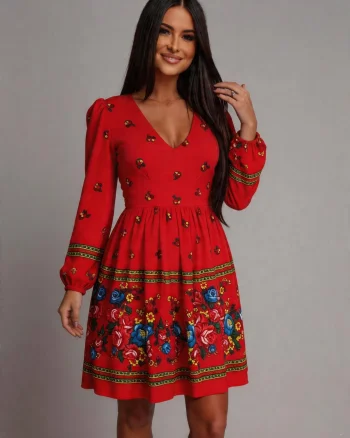 Rochie midi traditionala rosie cu print gipsy Rose