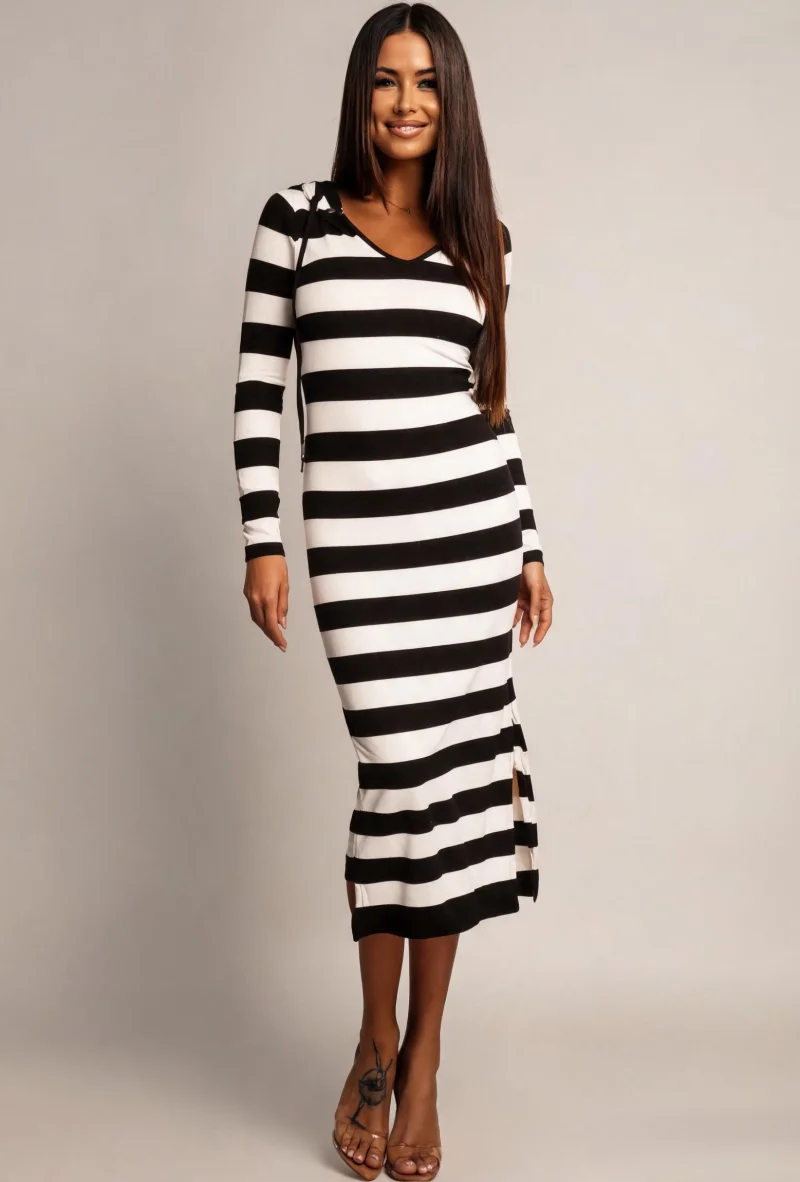 Rochie midi vascoza alba cu dungi negre Koucla Sailor