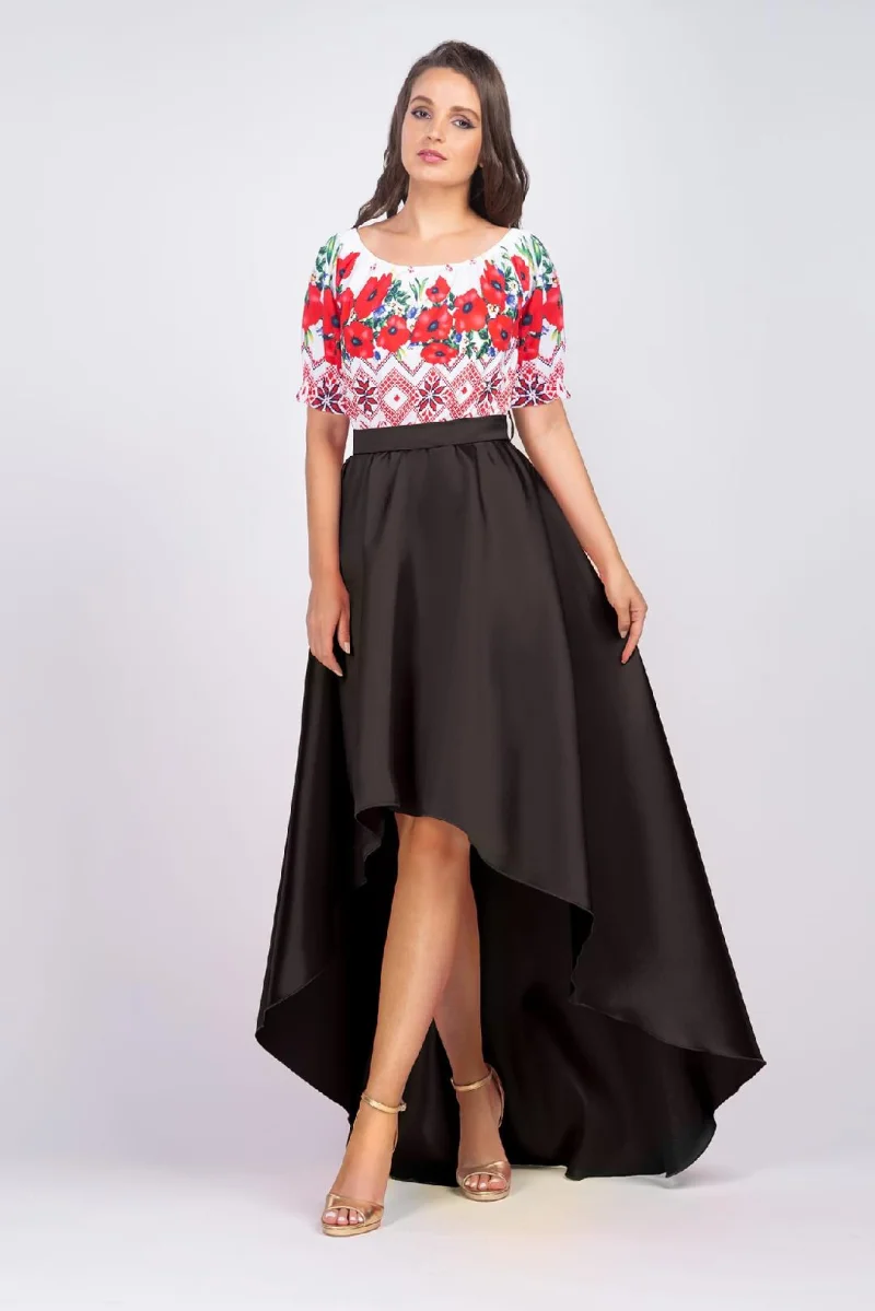 Rochie neagra cu motive traditionale din tafta cu maci Byanca