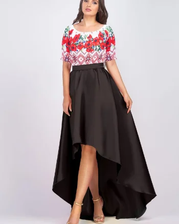 Rochie neagra cu motive traditionale din tafta cu maci Byanca