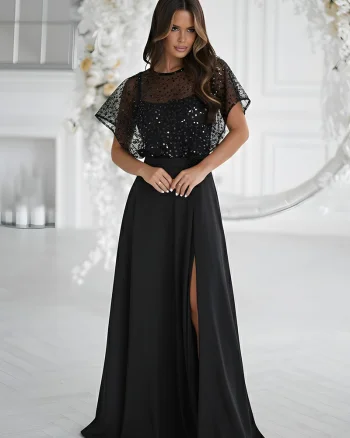 Rochie neagra eleganta lunga cu paiete pe bust vaporoasa Azaliya