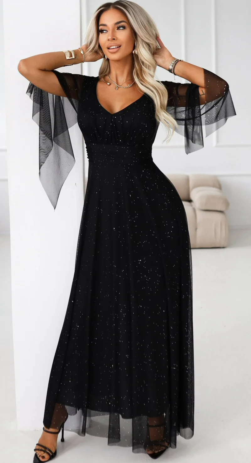 Rochie neagra lunga din brocard vaporoasa cu maneca lunga SheenyN