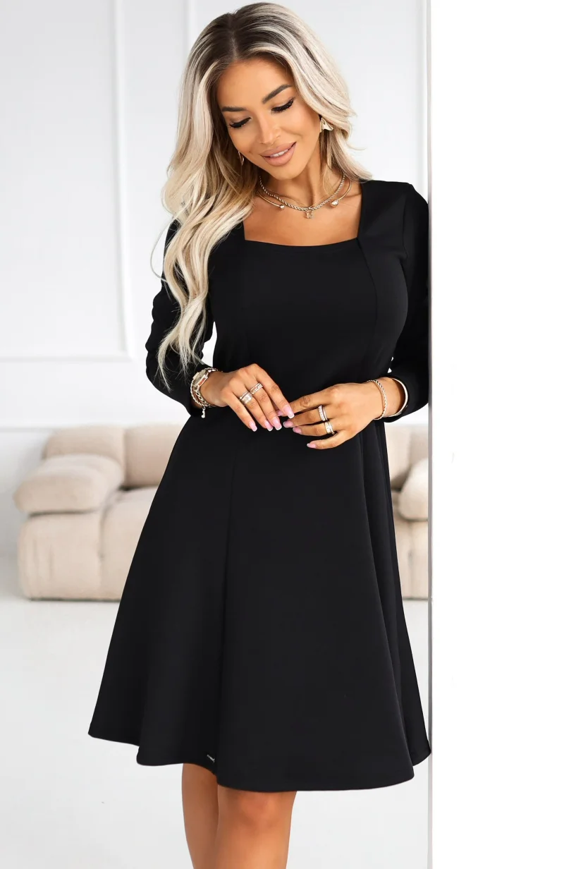 Rochie neagra midi evazata cu maneca lunga Yvanna