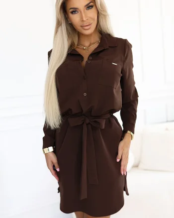 Rochie office tip camasa maro scurta cu maneca lunga Flavya