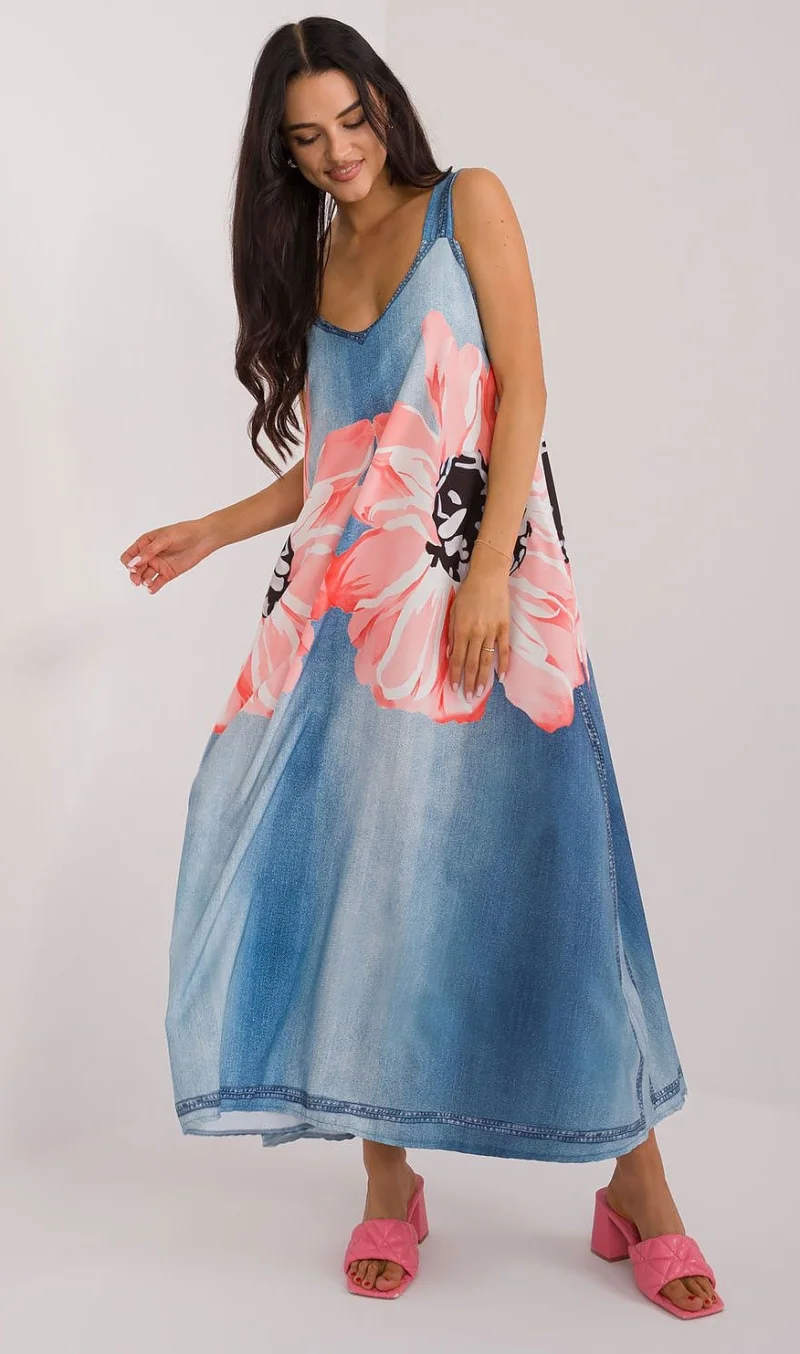Rochie oversize lunga, din vascoza, bleu cu flori, vaporoasa, Ananke