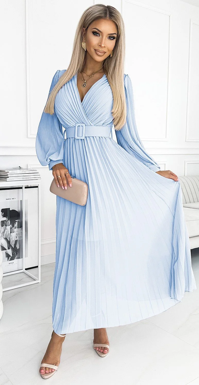 Rochie plisata lunga din voal chiffon bleu cu maneca lunga vaporoasa Vaneira