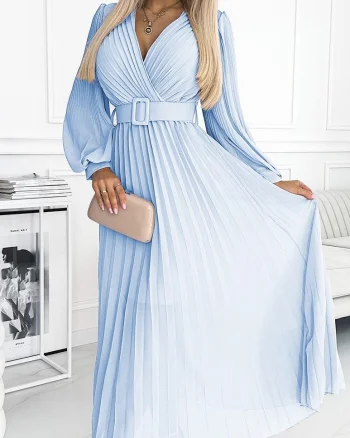 Rochie plisata lunga din voal chiffon bleu cu maneca lunga vaporoasa Vaneira