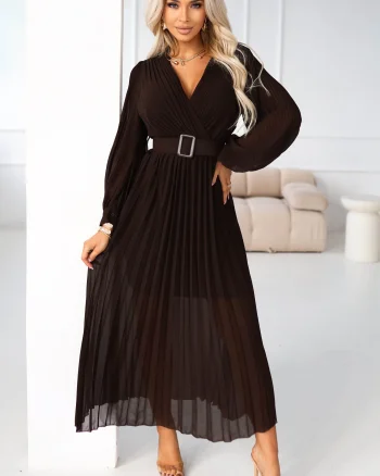 Rochie plisata lunga, din chiffon maro ciocolata, cu maneca lunga, vaporoasa, Vaneira