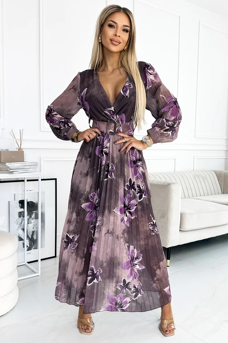 Rochie plisata lunga, din chiffon mov, cu flori si maneca lunga, Vicca