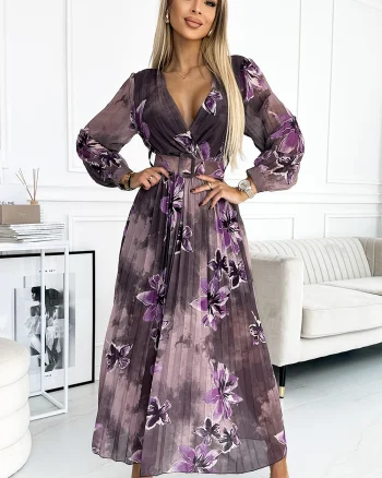 Rochie plisata lunga, din chiffon mov, cu flori si maneca lunga, Vicca