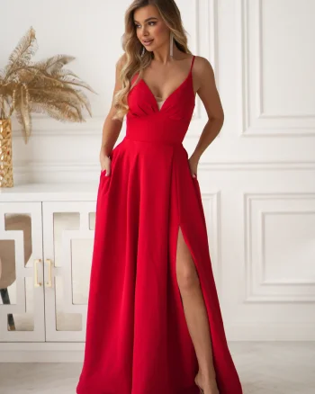 Rochie rosie  eleganta lunga cu bust tip corset vaporoasa Jasmine