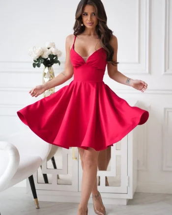 Rochie rosie baby doll scurta din brocard cu bust tip corset Rosalynn