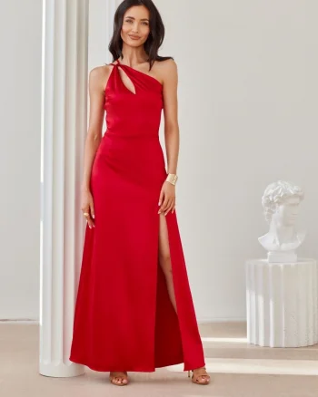 Rochie rosie de ocazie din satin lunga cu umerii goi MoanaR