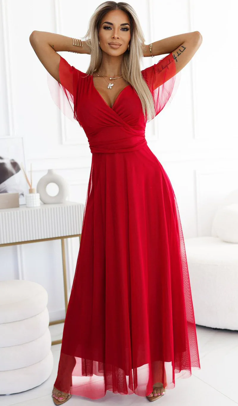 Rochie rosie eleganta lunga din tulle vaporoasa NastiaN