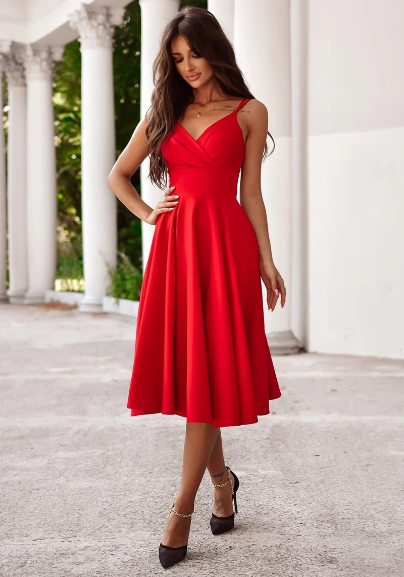 Rochie rosie eleganta midi, baby doll, din bumbac, retro, in clos, TifaniW3