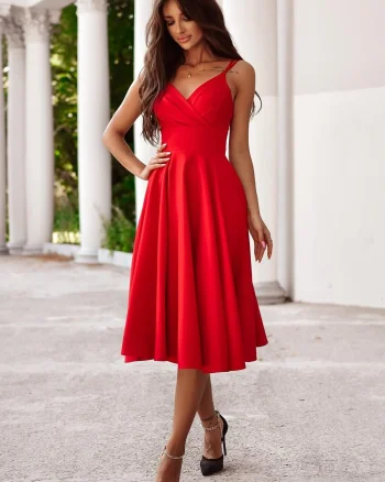 Rochie rosie eleganta midi, baby doll, din bumbac, retro, in clos, TifaniW3