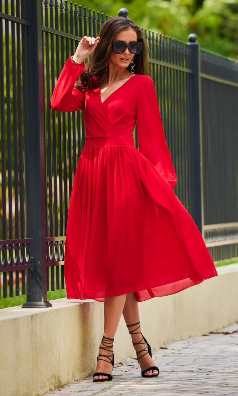 Rochie rosie midi din voal vaporoasa cu maneca lunga Melen
