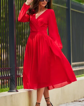 Rochie rosie midi din voal vaporoasa cu maneca lunga Melen