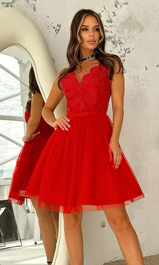 Rochie rosie scurta baby doll din tul dantela Ecaterina