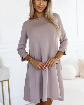 Rochie scurta A-line bej cu maneca lunga Shenya