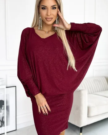 Rochie scurta cu glitter burgundy cu maneca lunga tip liliac oversize Deandra