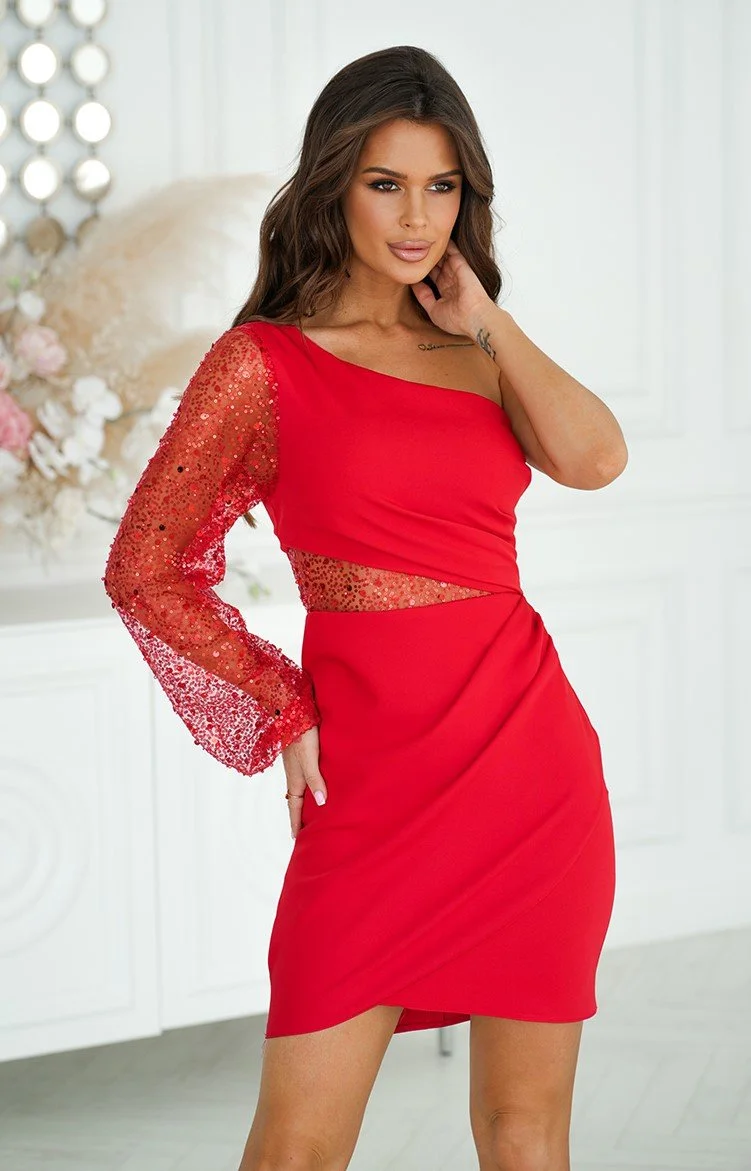 Rochie scurta eleganta rosie cu paiete cu maneca lunga si un umar gol Seduction