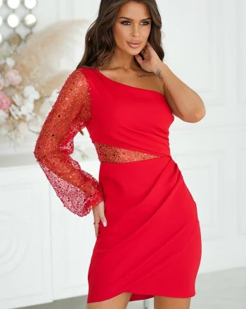 Rochie scurta eleganta rosie cu paiete cu maneca lunga si un umar gol Seduction