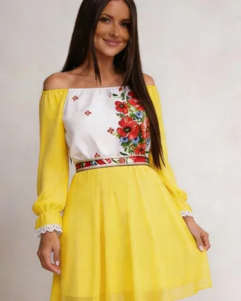 Rochie scurta galbena cu maci din voal cu motive traditionale Loredana