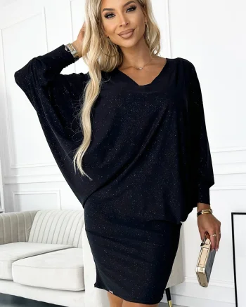 Rochie scurta neagra cu glitter cu maneca lunga tip liliac oversize Deandra