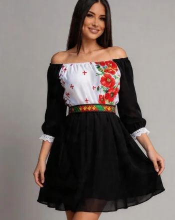 Rochie scurta neagra cu maci din voal cu motive traditionale Loredana