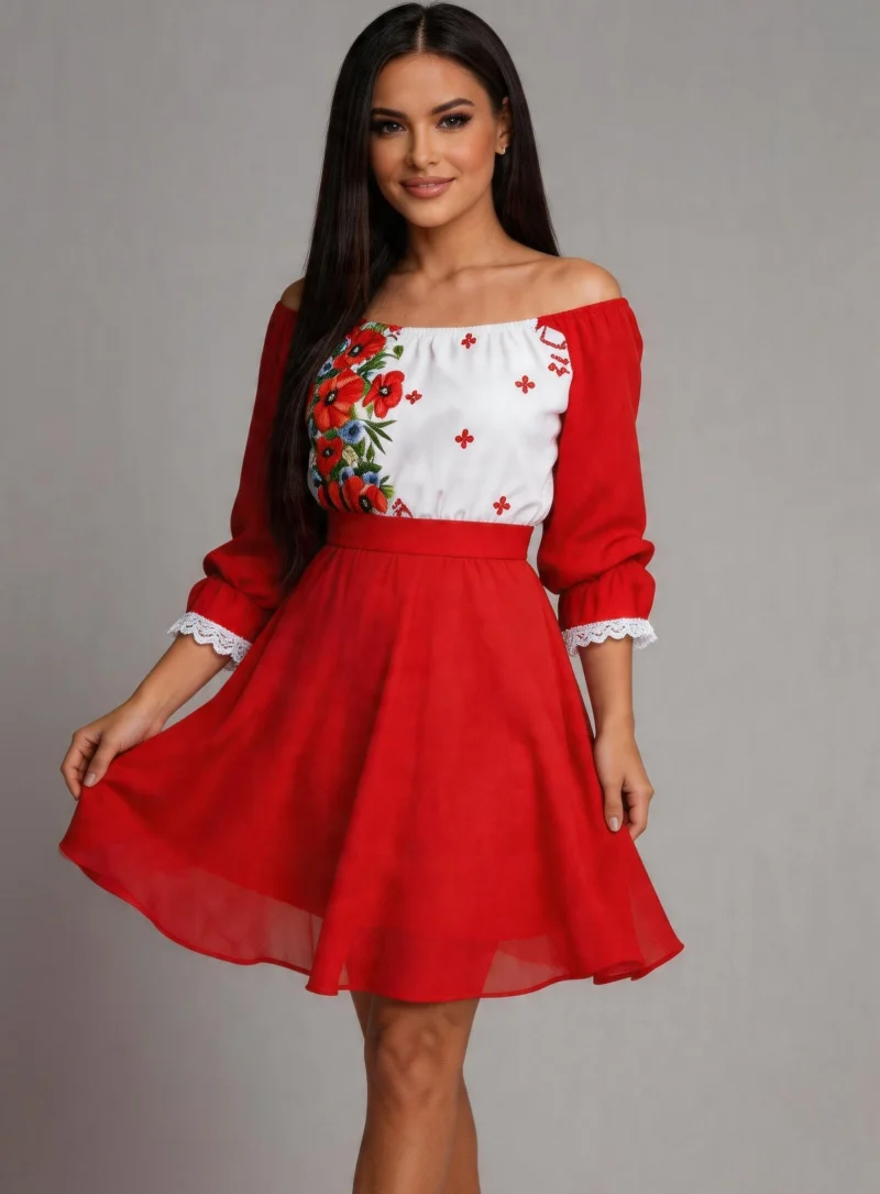 Rochie scurta rosie cu maci din voal cu motive traditionale Loredana