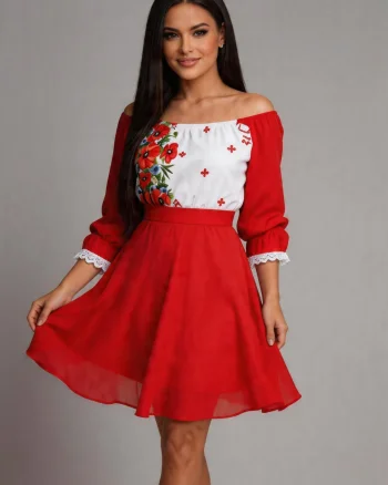 Rochie scurta rosie cu maci din voal cu motive traditionale Loredana