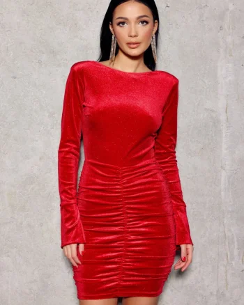 Rochie scurta rosie mulata din catifea cu maneca lunga Lorraine