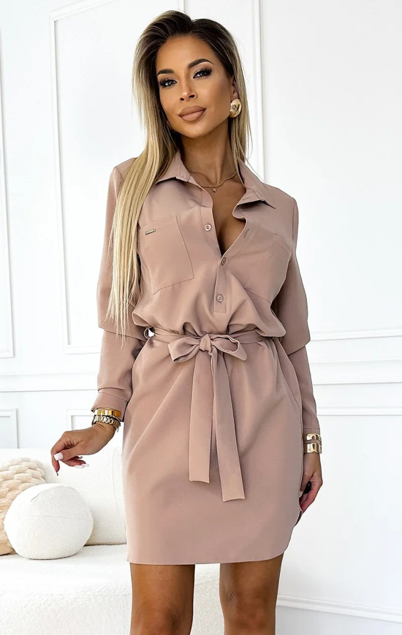 Rochie tip camasa bej scurta cu maneca lunga Flavya