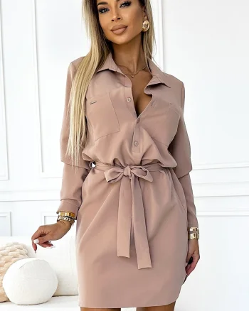 Rochie tip camasa bej scurta cu maneca lunga Flavya