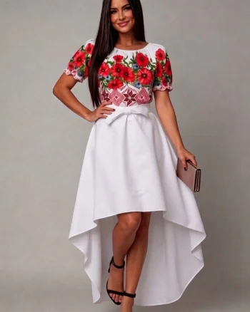 Rochie traditionala asimetrica, tafta alba si maci, cu trena, Byanca