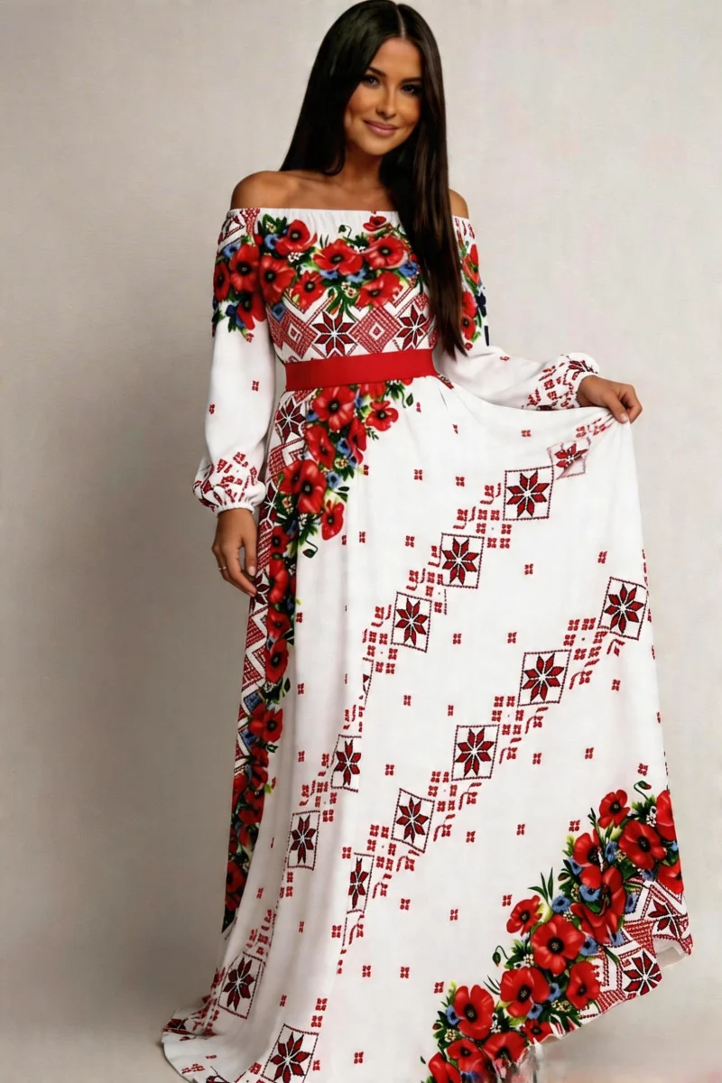 Rochie traditionala lunga alba cu maci rosii Lorelei