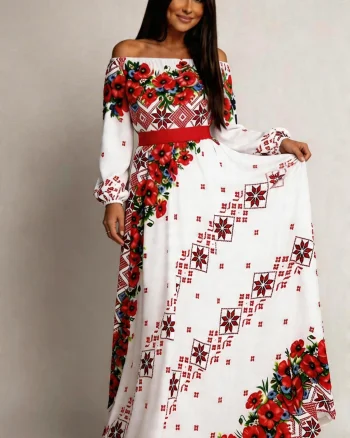 Rochie traditionala lunga alba cu maci rosii Lorelei