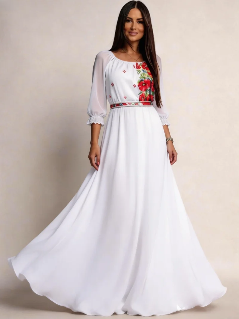 Rochie traditionala lunga alba din voal vaporoasa cu maci rosii Emanuela