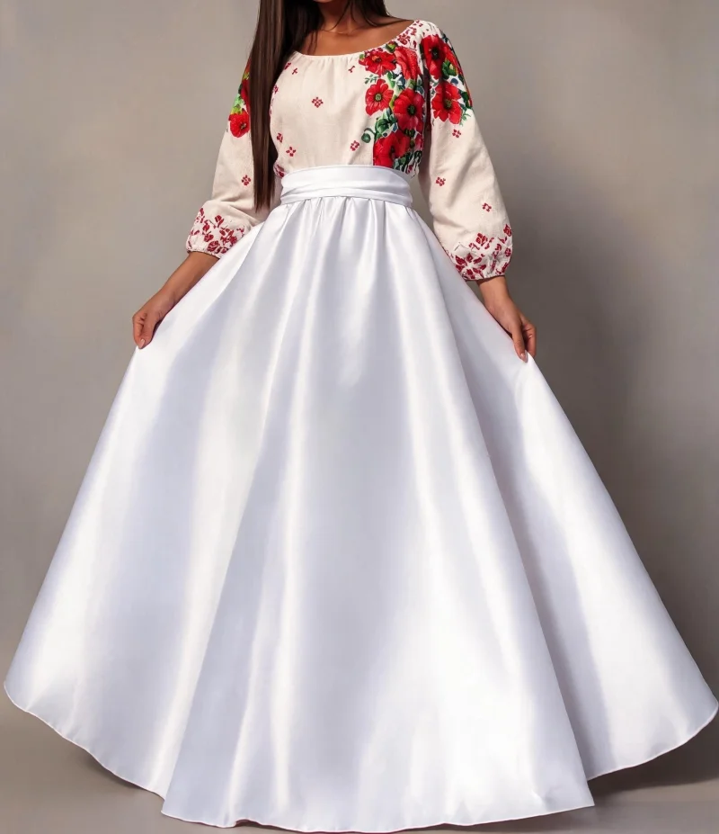 Rochie traditionala lunga din tafta alba Anna