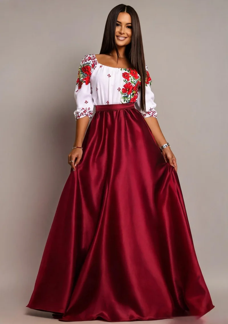 Rochie traditionala lunga tafta burgundy cu maci rosii Anna