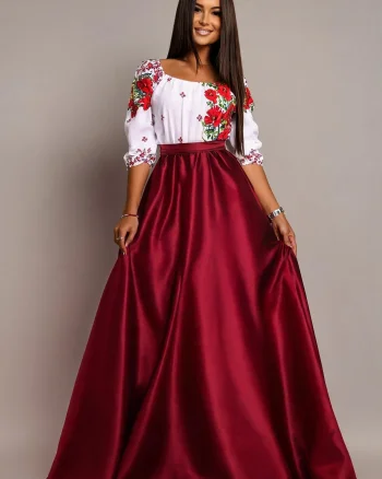 Rochie traditionala lunga tafta burgundy cu maci rosii Anna