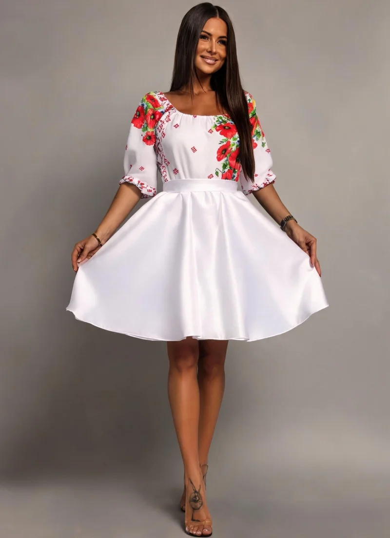 Rochie traditionala midi alba cu maci rosii Azra