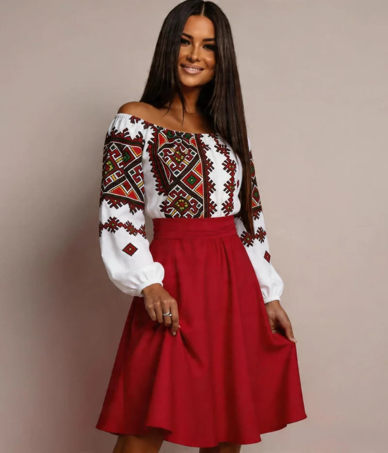 Rochie traditionala midi, tafta rosie, cu maneca lunga, Korina