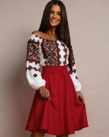 Rochie traditionala midi, tafta rosie, cu maneca lunga, Korina