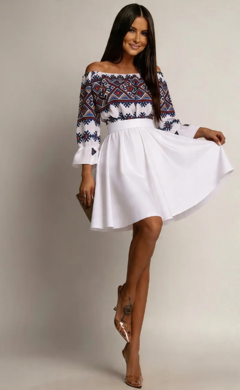 Rochie traditonala midi, din tafta alba, cu maneca lunga, Alessa