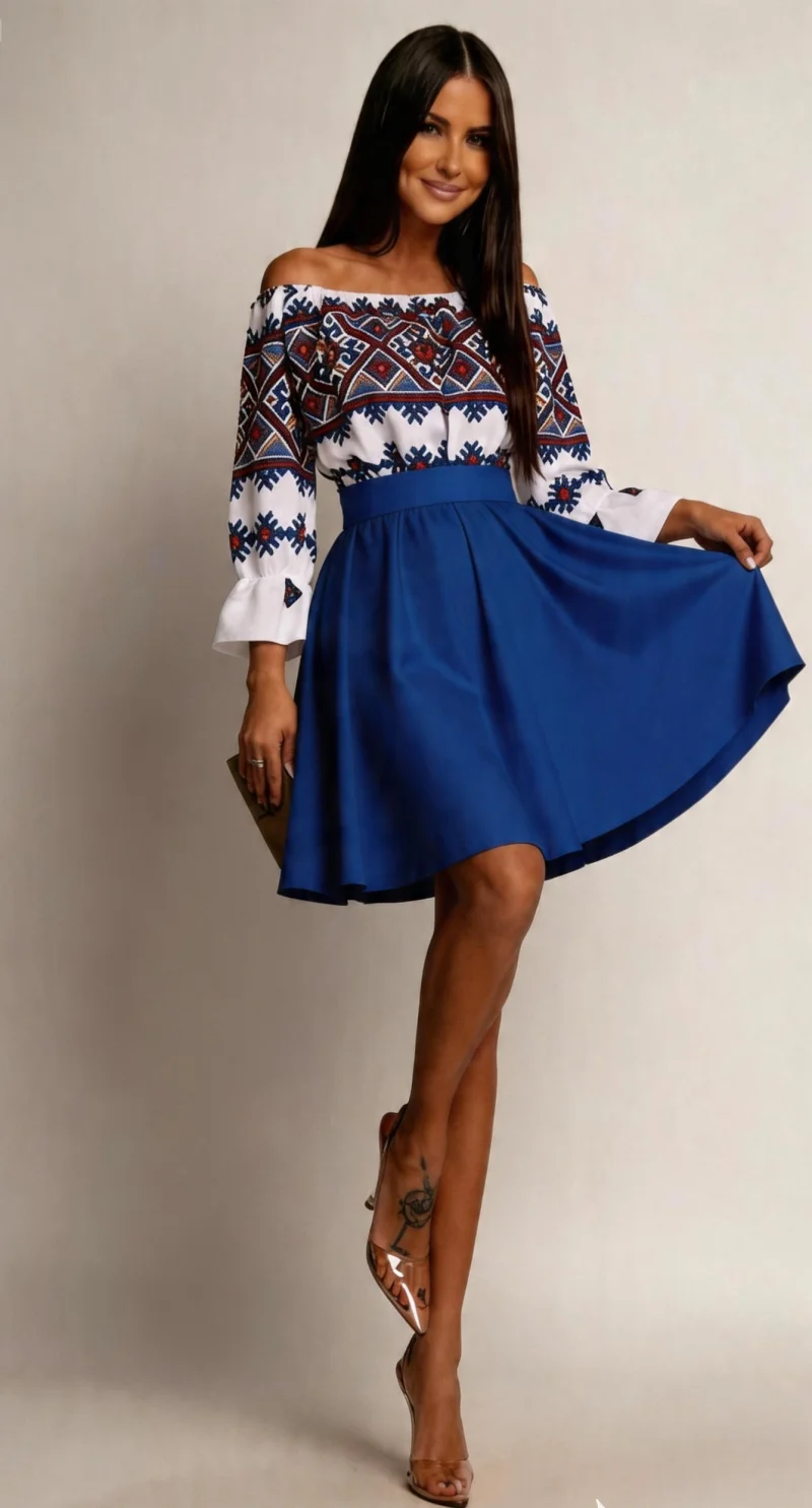 Rochie traditonala midi, din tafta albastra, cu maneca lunga, Alessa