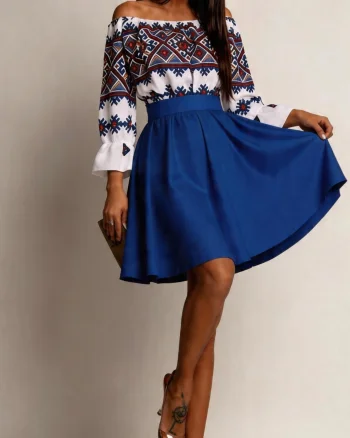 Rochie traditonala midi, din tafta albastra, cu maneca lunga, Alessa